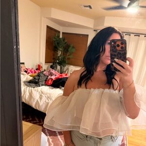 Anna Grace White Off-Shoulder Layered Mesh Crop Top